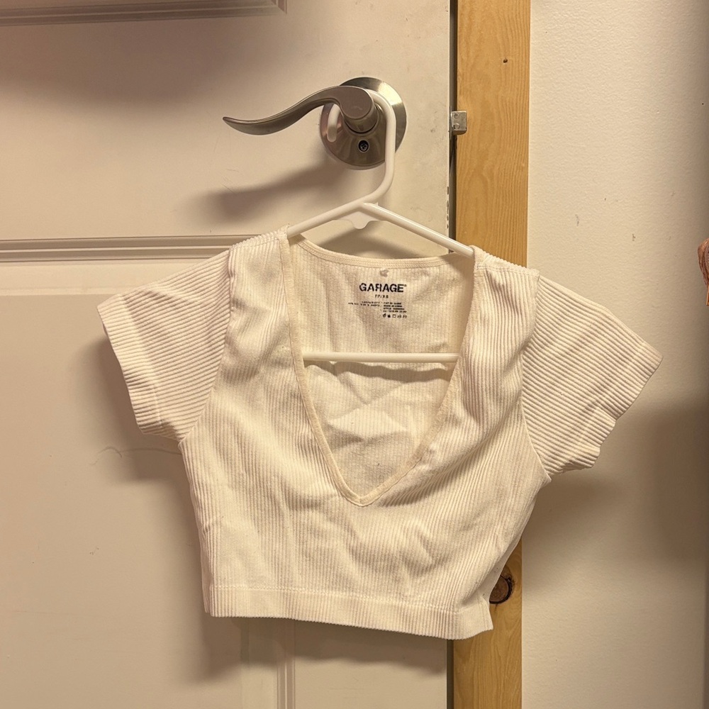 Garage White Ribbed Deep V Cropped Tee
